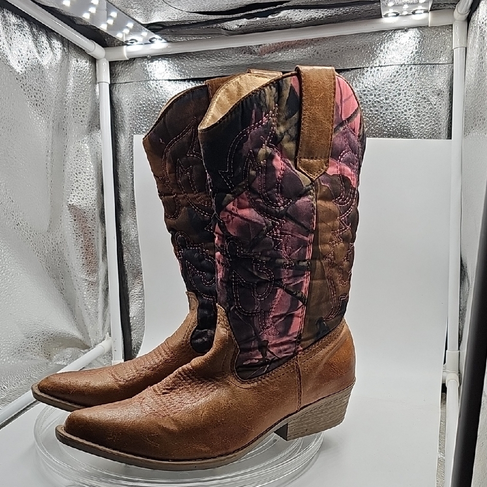 C Brown and Pink Women's Cowboy Boots 6.5 W YUMA CAMO - Picture 4 of 10